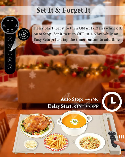 7 10s (Cream-2 KokoSelene Food Warming Mat, Dual-Zone Heating Mat for Food with Temp & Timer, Fast Heat Flexible