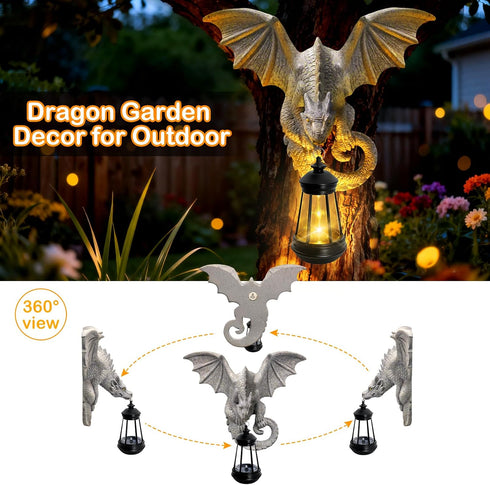 Dragon Tree Hugger Garden Statue - Resin Dragon Figurine Wall Hanger Sculptures Decor with Solar Lantern Lights