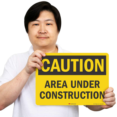 "Caution - Area Under Construction" Label by SmartSign, 10" x 14" Reflective Laminated Vinyl
