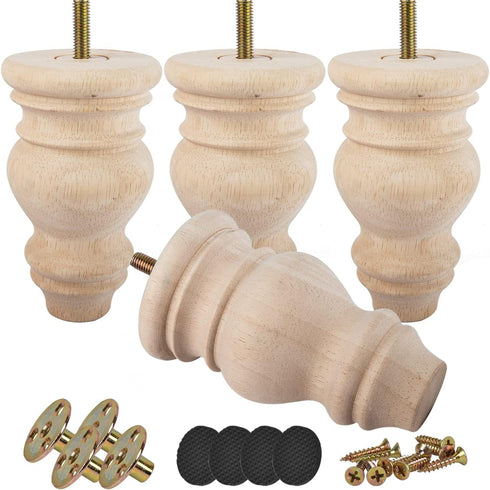 Btowin 5 inch Unfinished Wooden Bun Feet, 4Pcs Solid Wood Furniture Legs with