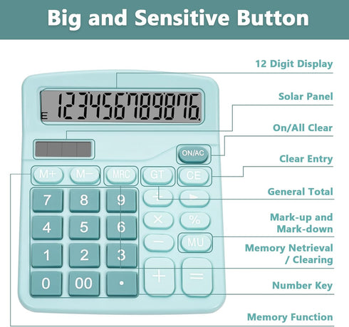 Cute Light Blue Desktop Calculator with Large Display Screen, Dual Power Source, Solar and Battery - Perfect for