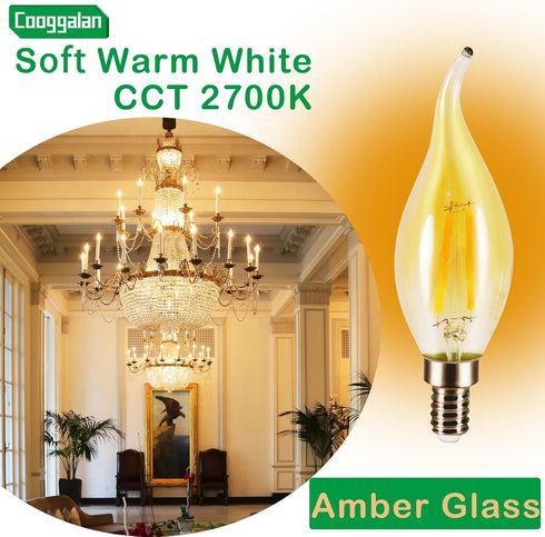 COOGGALAN E12 Bulb Dimmable, 25 Bulbs CA11 2W, Bulb, 2700K, 90, 12 Pack Amber Candelabra LED Light Watts Equivalent