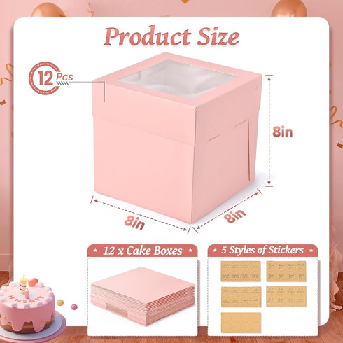 12Pcs Pink Square Cake Boxes with Window, 8x8x8 Inches Disposable Bakery Carrier for Pastries, Cookies, Cupcakes,
