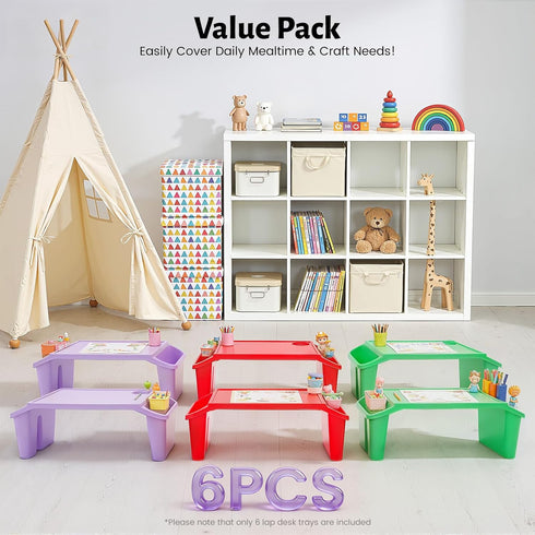 LIWBYYG 6 Pcs Kids Lap Desk Tray, Plastic Breakfast Lap Desk Trays with Side Pockets and Slot Portable Lap Bed Table