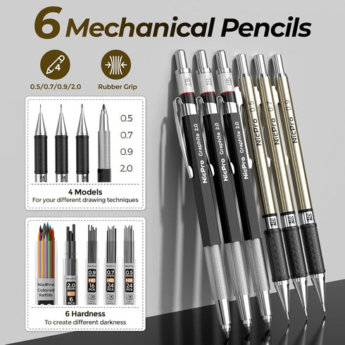 58 Set 6 0.5 0.7 0.9 2mm, 12 30 Nicpro PCS Art Drawing Supplies Kit in Leather Case, Art Mechanical Pencil with Metal