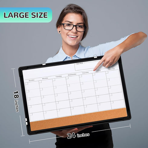 Monthly Calendar Whiteboard 24"x18", Magnetic Dry Erase Cork Board Combination for Office Kitchen Planning