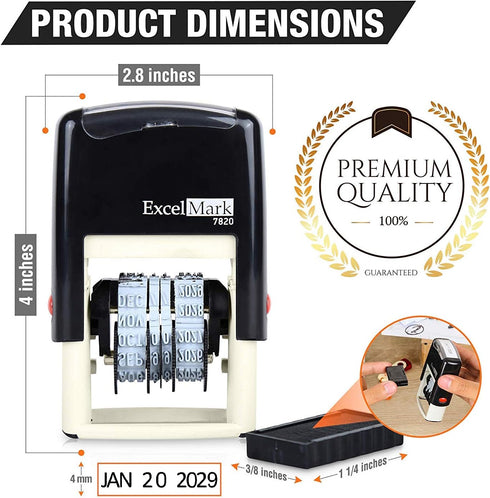 ExcelMark 7820 Self-Inking Rubber Date Stamp - Great for Shipping, Receiving, Expiration Dates (Black Ink)