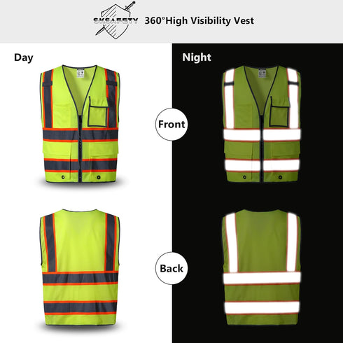 SKSAFETY 10 Pockets Safety Vest, Class 2 High Visibility Security with Zipper Back Mesh, Hi Vis Vest with Reflective Strips, ANSI/ISEA Standard, Construction Work Vest for Men Women Lime, 2XL