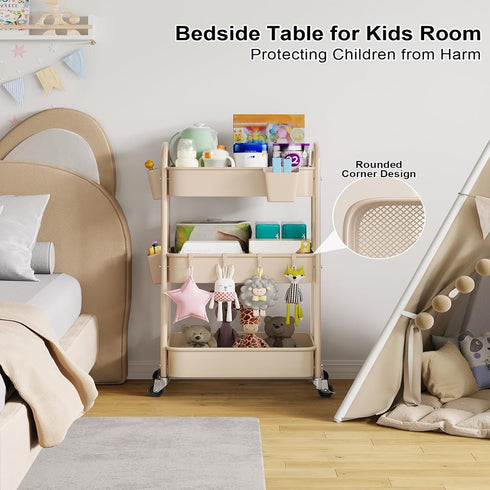 Osivaex 3 Beige Tier Rolling Cart Metal on Wheels, Three Tiered Storage Organizer Utility Trolley with Wheels for Art