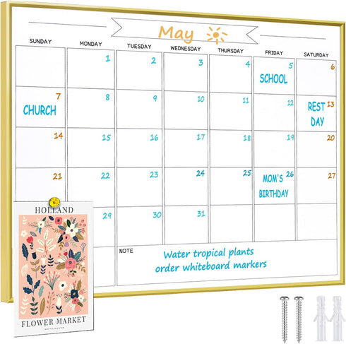Dry Erase Monthly Calendar Whiteboard, 10.5"x 14.5" Gold Aluminum Frame, Magnetic White Board for Wall