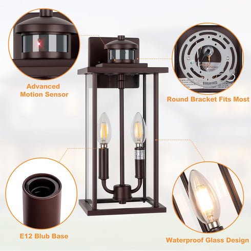 16" E12 Bulbs, 2 Pack) Motion Sensor Outdoor Wall Lights, Waterproof Large Exterior Sconce, Compatible with Base Modern