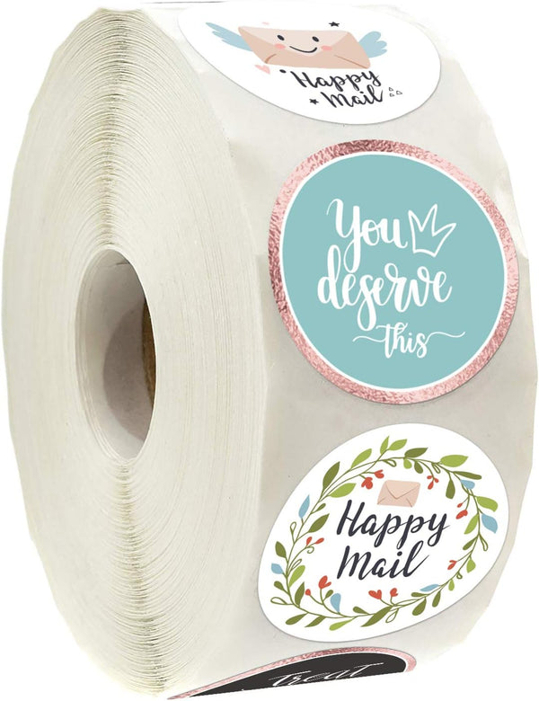 Happy Mail Small Business Stickers - 500 per Roll, 6 Chic Designs for Packages and Online Shop Owners