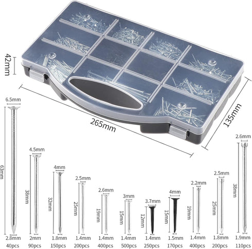 OCR 2510PCS Set Nails Assortment Kit, Galvanized Nails with Storage Case - Including Brad Head, Flat Head & Studs