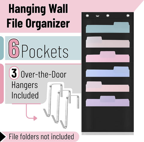 Mr. Pen Hanging Wall File Organizer, 6 Pocket, Black, Over The Door File Organizer with 3 Overdoor Hangers