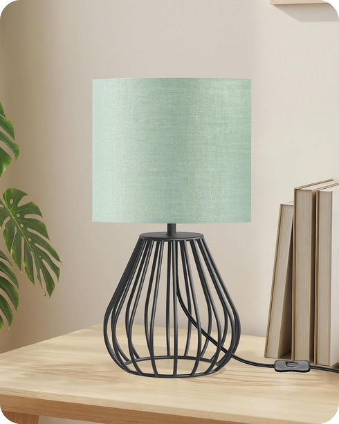 Green Table Lamp, Small Sage Green Lamp with Linen Shade & Black