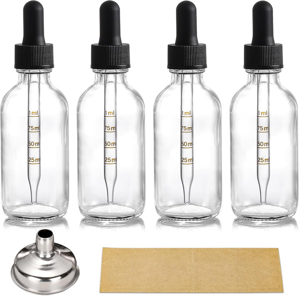 4 Pack 2 oz Glass Dropper Bottles with Measured Dropper, 60ml Dark Clear Tincture Bottles for Essential Oils