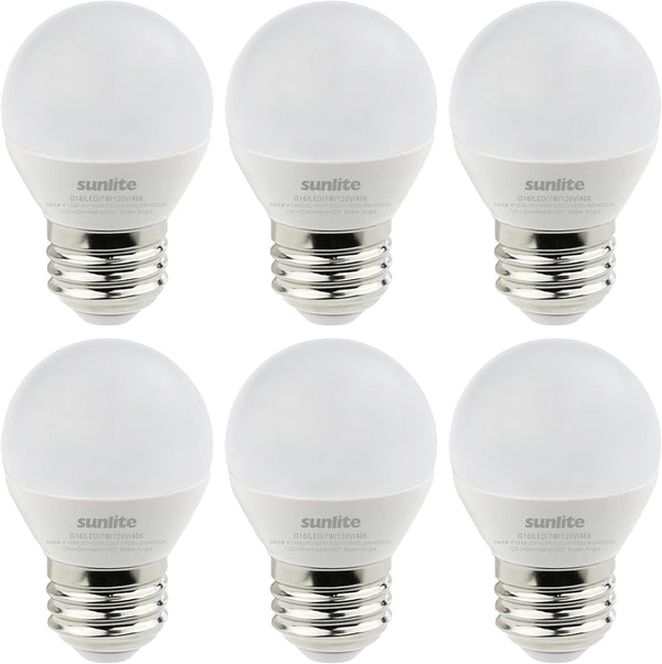 6 Pack Sunlite G16 LED Dimmable Decorative Globe Vanity Light Bulbs, Frosted, 7W (60W Equivalent), 4000K Cool White