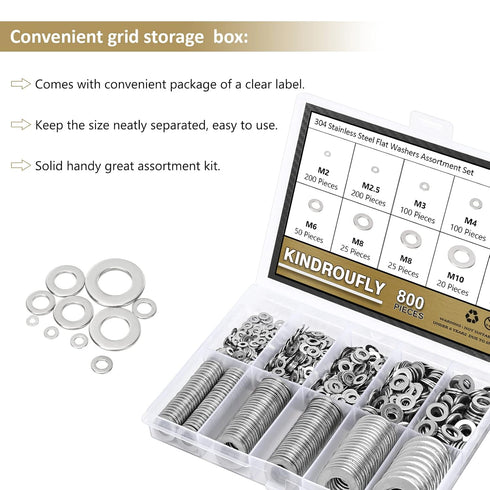 800 Pieces 304 Stainless Steel Flat Washers Assortment Kit, Fender Washers in 9 Sizes (M2-M12)
