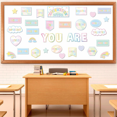 Pastel Affirmation Station Rainbow Motivational Bulletin Board Set for Classroom Decor, Mental Health Posters, Positive