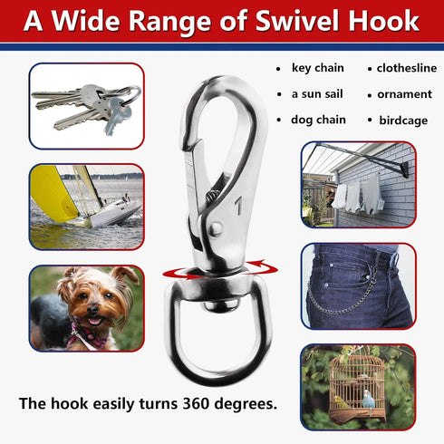 Swivel Eye Snap Hooks – 304 Stainless Steel Heavy Duty Spring Hooks for Keychains, Bird Feeders, Pet Chains