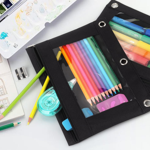 Tamaki Pencil Pouch for 3 Ring Binder, Clear Window Pencil Case, 3 Pack, Black