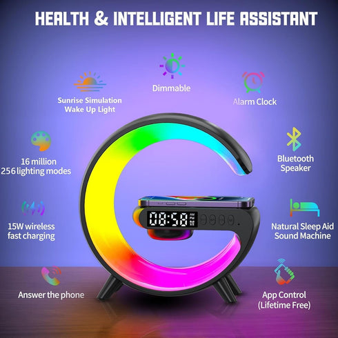 15W LED Wireless Charger Lamp with Bluetooth Speaker, Intelligent Color Changing Table Lamp, Fast Charging, Alarm