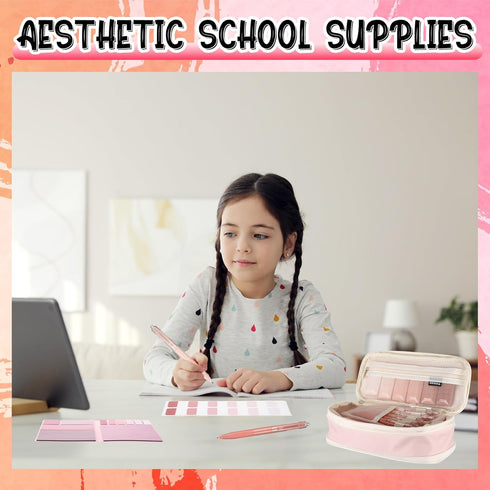 Janlaugh 38 Pcs Aesthetic College School Supplies, Pen Case, Sticky Notes, Gel Pens, Highlighters, Pink Color