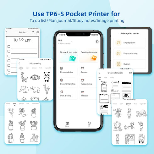 vretti Portable Thermal Printer TP6S, Bluetooth Mini Pocket Printer for Android & iOS, 300DPI