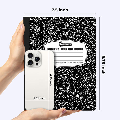 College Ruled Composition Notebooks, 5 Pack, 200 Pages (100 Sheets), 9-3/4" x 7-1/2", White & Black Marble, Hard Cover