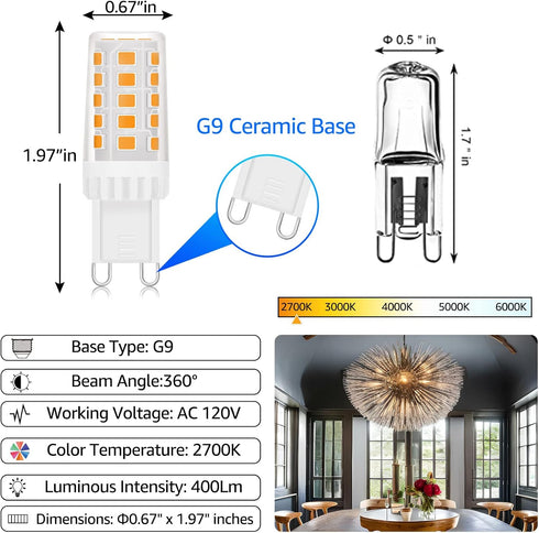 ENERGETIC G9 LED Bulb Dimmable, 40W T4 Halogen Equivalent, 400LM Soft White 2700K, G9 Loop Pin Base, 6 Pack
