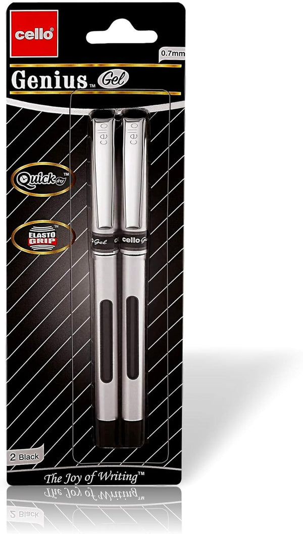 Cello Premium Medium Point Pens with Comfort Grip Control (Genius Black Ink Gel 2 Pack) by Cello