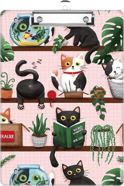 XIHEYUEBANG Cat Bookshelf Clipboard, Cute Decorative Clip Board with Metal Clip Pretty Plastic