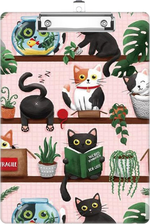XIHEYUEBANG Cat Bookshelf Clipboard, Cute Decorative Clip Board with Metal Clip Pretty Plastic