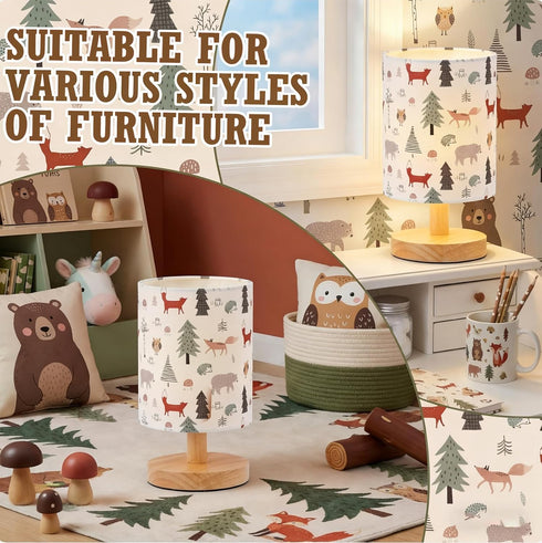VIHOSE Woodland Animals Kids Table Lamp for Bedroom Kids Bedside Lamp with Linen Wooden Nightstand Cartoon Nursery