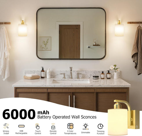 1 Pack 6000mAh 4 Dimmable iThird Battery Operated Wall Sconce Light: Gold Rechargeable Wall Lights with Touch