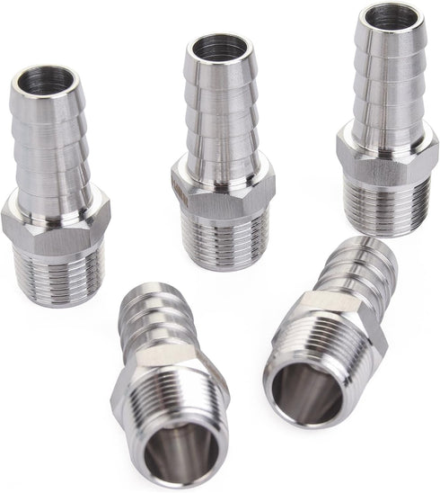 LTWFITTING Bar Production Stainless Steel 316 Barb Fitting Coupler/Connector 1/2" Hose ID x 3/8" Male NPT (Pack of 5)