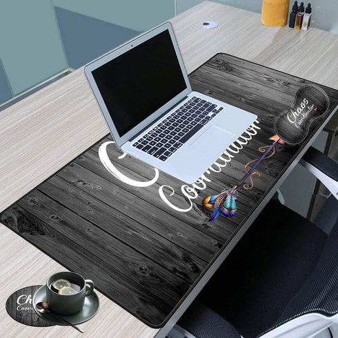 VSOJSOJKE Set Large Game Mouse Pad + Wrist Support Pad + Coffee Coaster, Quote Chaos Coordinator Foldable Table Mat