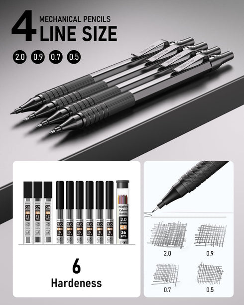 Nicpro 30PCS Black Metal Mechanical Pencil Set, Art Drafting Pencil 0.5, 0.7, 0.9 mm, 2mm Lead Holders with 16 Tube