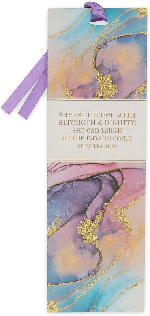 Christian Art Gifts Purple Marble Swirl Premium Scripture Bookmark with Strength and Dignity Proverbs 31:25 Bible
