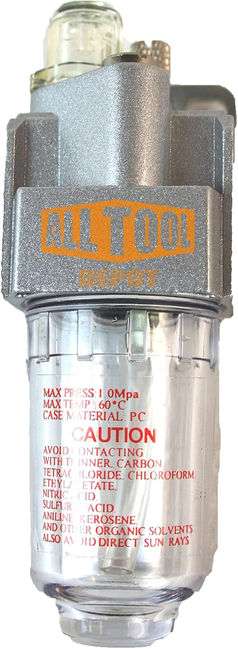 1/4 NPT Mini Oiler Lubricator for Compressed Air Tools, Poly Bowl with Visible Oil Level, 145 PSI Max