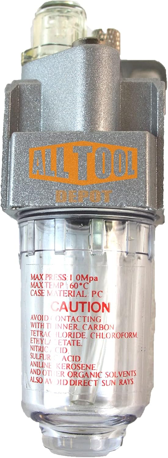 1/4 NPT Mini Oiler Lubricator for Compressed Air Tools, Poly Bowl with Visible Oil Level, 145 PSI Max