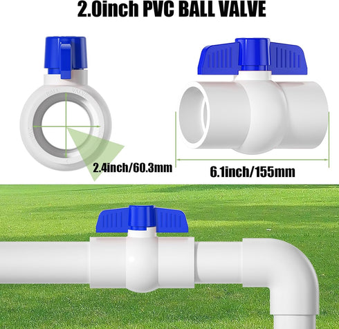 2PCS 2" PVC Ball Valve, SCH40 Slip PVC Water Pipe Valve with Easy Turn Blue T-Handle