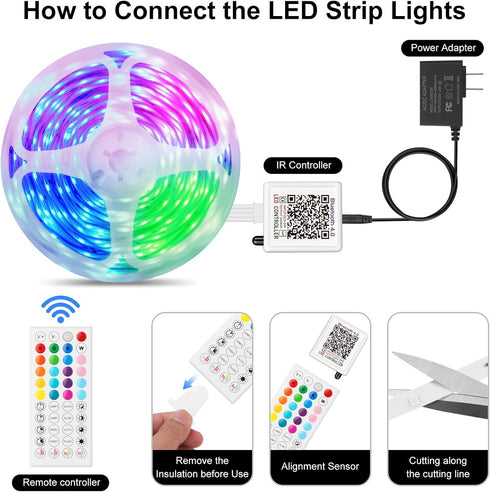50ft, 5050 24V Dimmable 44 LED Strip Lights RGB Color Changing Strip Lights for Bedroom with Power Adapter, LED Strip