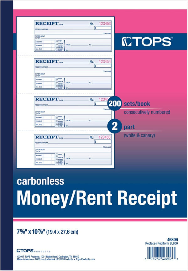 Tops Money/Rent Receipt Book, 2-Part, Carbonless, 11 x 7-5/8 Inches, 4 Receipts/Page, 200