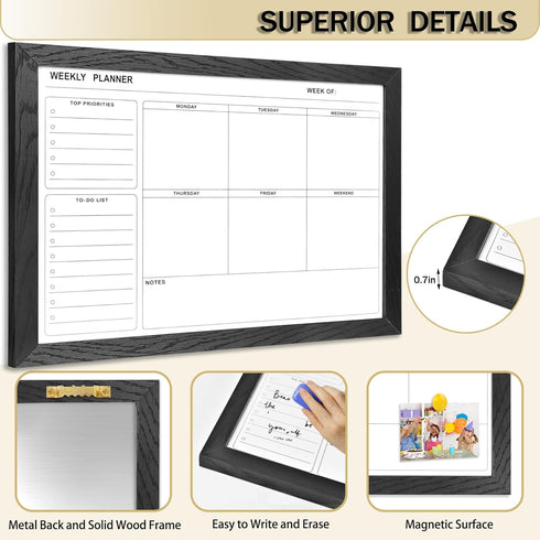 White Board Weekly Calendar - Dry Erase Planner for Wall, 16"X12", Black Solid Wood Frame, Magnetic Whiteboard