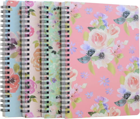 Yansanido Spiral Notebook, 4 Pcs A5 Thick Flower Design, Hardcover, 8mm Ruled, 80 Sheets - 160 Pages for Study