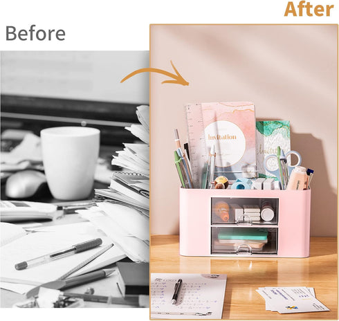 Marbrasse Pen Organizer with 2 Drawers, Multi-Functional Pencil Holder for Desk, 5 Compartments + Drawer for Office