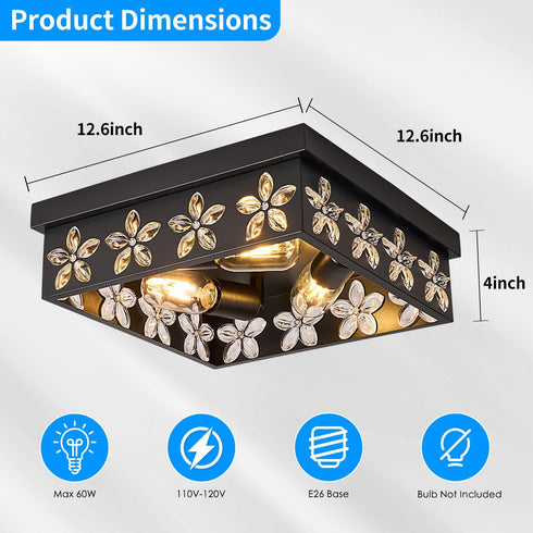 Glintawn 12.6 Inch 3-Light (1 Pack) Flush Mount Ceiling Light Fixtures, Black Ceiling Mount for Industrial, Acrylic