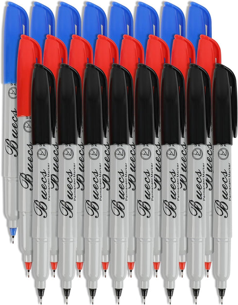 Permanent Markers, 24 Count Ultra Fine Point Permanent Markers, 3 colors, Works on paper, Plastic, Stone, Glass, Metal by Buecs