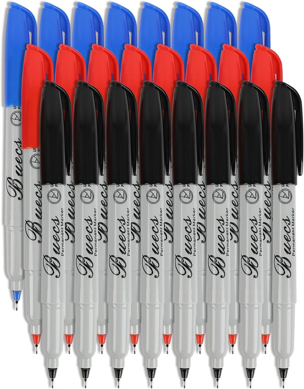 Permanent Markers, 24 Count Ultra Fine Point Permanent Markers, 3 colors, Works on paper, Plastic, Stone, Glass, Metal by Buecs